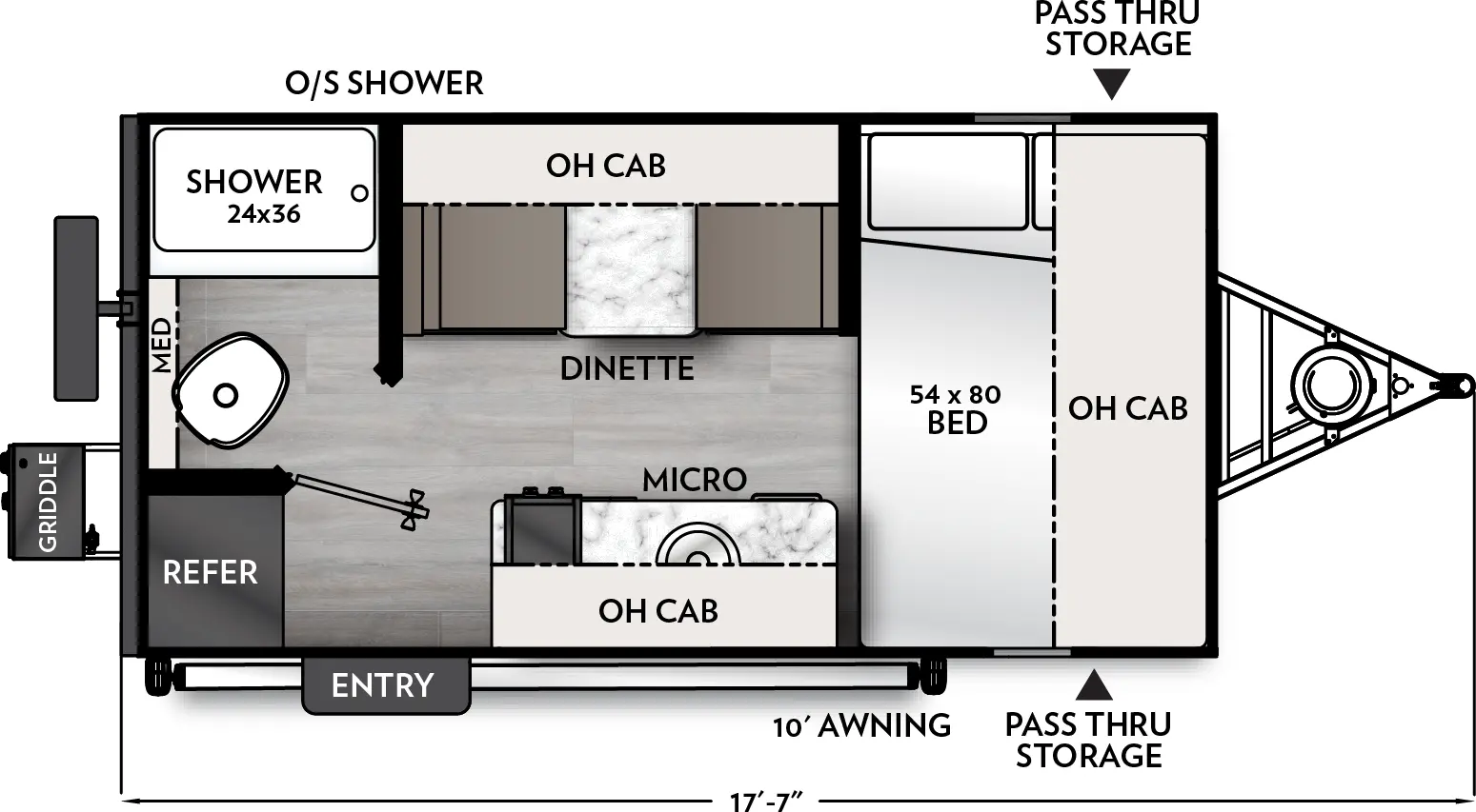 The Remote 14R floorplan has one entry and zero slide outs. Exterior features include: fiberglass exterior and 10' awning. Interiors features include: front bedroom.